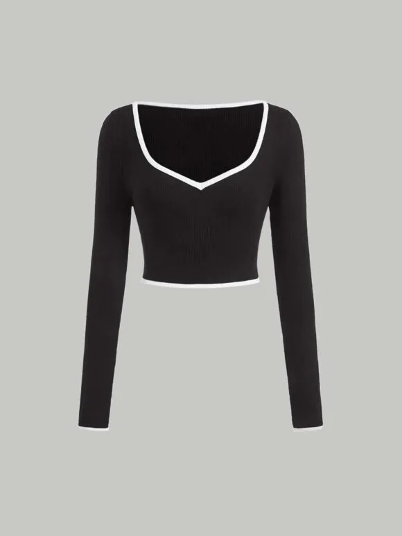 Women's Sweetheart Neck Full Sleeve Contrast Binding Black Crop Top