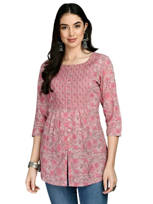 Meesan Women Pink Round Neck 3/4 Sleeve Floral Print Tunic