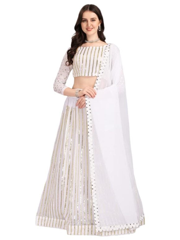 Women's Gerogette Semi Stitched White Lehenga Choli