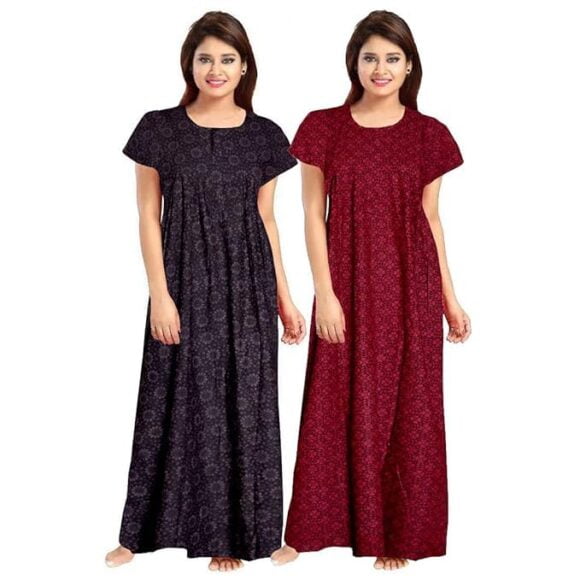 for Women Cotton Printed Maxi Gown Ankle Length Nighty Night Dress Gown for Women Maxi - Free Size (Pack of 2)