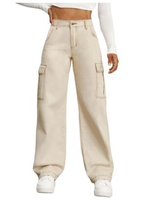 NUCOUTHS Women Cargo Flap Pocket Denim Stretchable Cream Jeans (6POCKET_Cream_C)