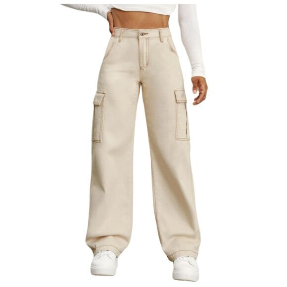 NUCOUTHS Women Cargo Flap Pocket Denim Stretchable Cream Jeans (6POCKET_Cream_C)