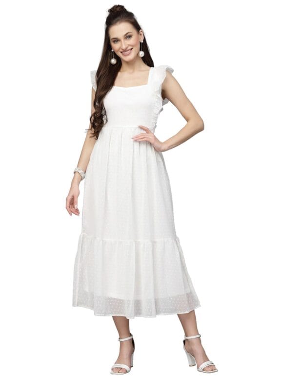 Sugathari Georgette Jacquard Butti Square Neck Knee Length Western Dresses for Women (Dress2 89)