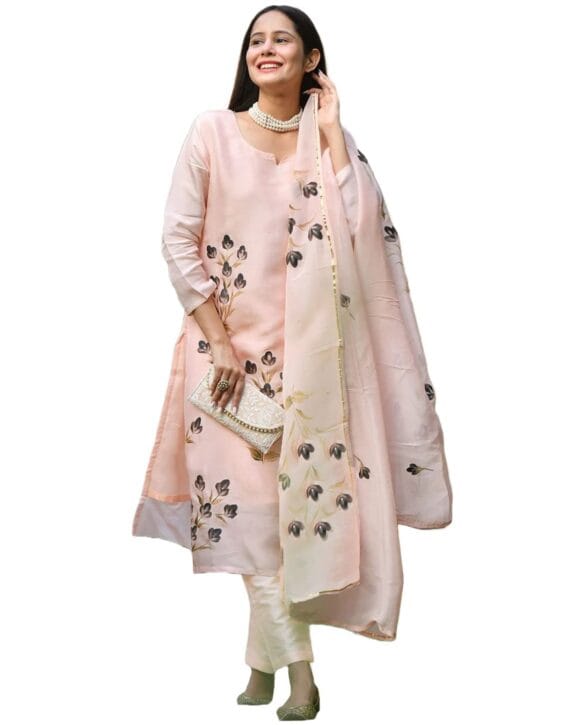 Women's Cotton Blend Straight Printed Kurta with Pant & Dupatta (BRUSH-PEACH)