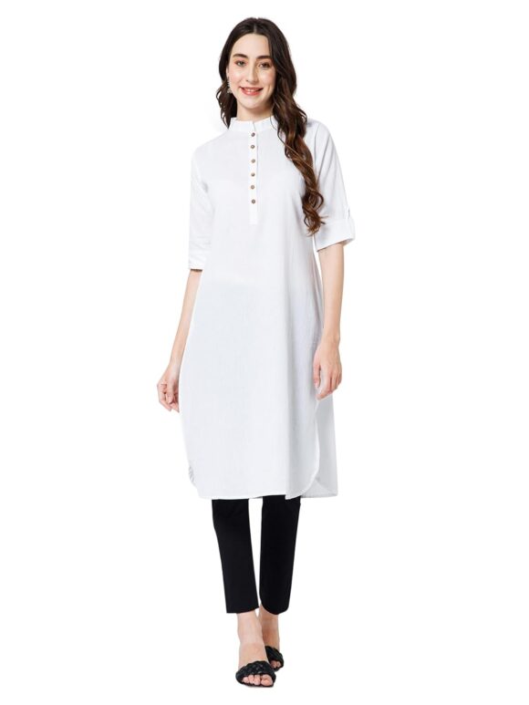 fabcoast Women's Plain White Pathani Fancy Regular Fit Cotton 3/4 Sleeve Casual High Neck Traditional Kurta | Women's Ethnic Wear, Pathani Kurta for Women.