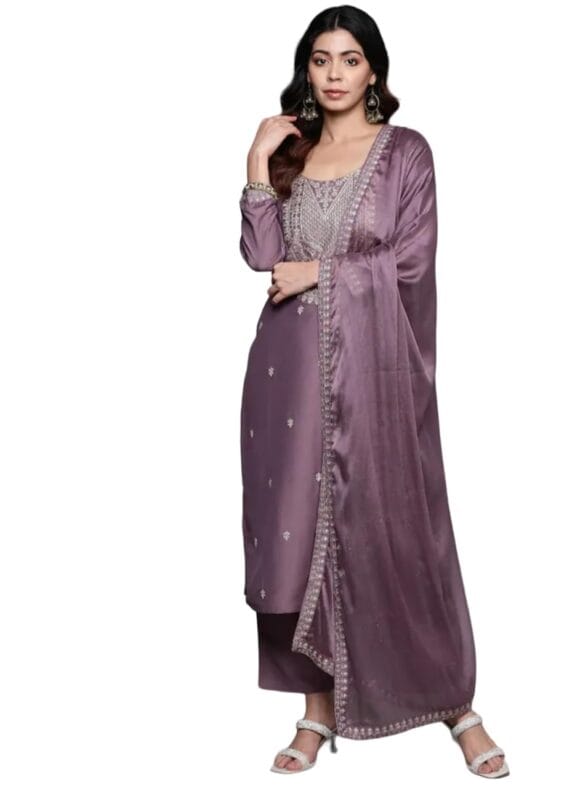 DEVIK FASHION Women's Zari Work Chiffon Regular Fit 3/4 Sleeve Lightweight Ethnic Wear Kurti Pant and Dupatta Set (D_F_00860)