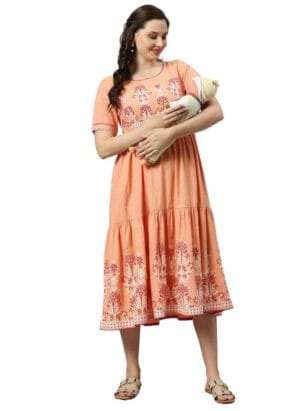 DUMMY SHAPE Maternity Dress for Women | Anarkali Feeding Kurti Gown for Mothers with Nursing Zippers for Breastfeeding in Cotton Viscose | Pregnancy Gifts