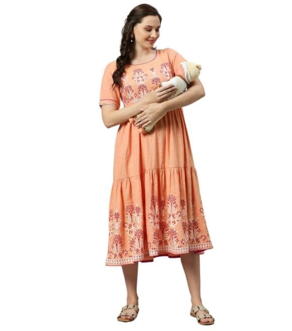 DUMMY SHAPE Maternity Dress for Women | Anarkali Feeding Kurti Gown for Mothers with Nursing Zippers for Breastfeeding in Cotton Viscose | Pregnancy Gifts