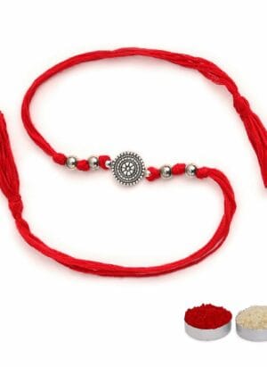 El Regalo Unisex-Adult 1Pc Simple Red Thread Rakhi For Brother- Minimalist Antique German Silver Charm Rakhi With Roli Chawal, Rakhi Message Card In Rakhi Gift Box