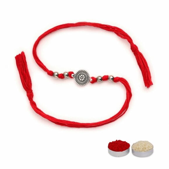 El Regalo Unisex-Adult 1Pc Simple Red Thread Rakhi For Brother- Minimalist Antique German Silver Charm Rakhi With Roli Chawal, Rakhi Message Card In Rakhi Gift Box