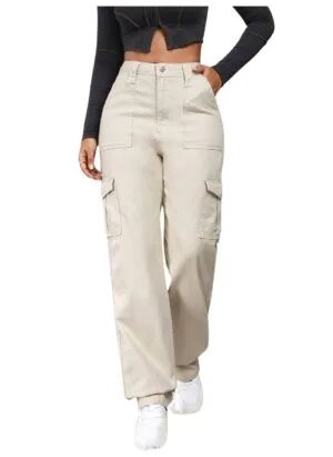 Women Cargo Flap Pocket Denim Cream Jeans Pant (6POCKET_Cream_B)