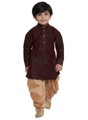 JBN Creation Boys Cotton Silk Blend Kurta and Dhoti Set - Elegance for Festivals | Pathani Style Full Sleeves Kurta and Cowl Style Patiala Dhoti Pant Set | Traditional Attire for Kids