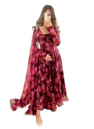 Nena Fashion Designer Women's Wear Georgette Floral Maxi Gown with Duppatta in Beautiful 7 Colors