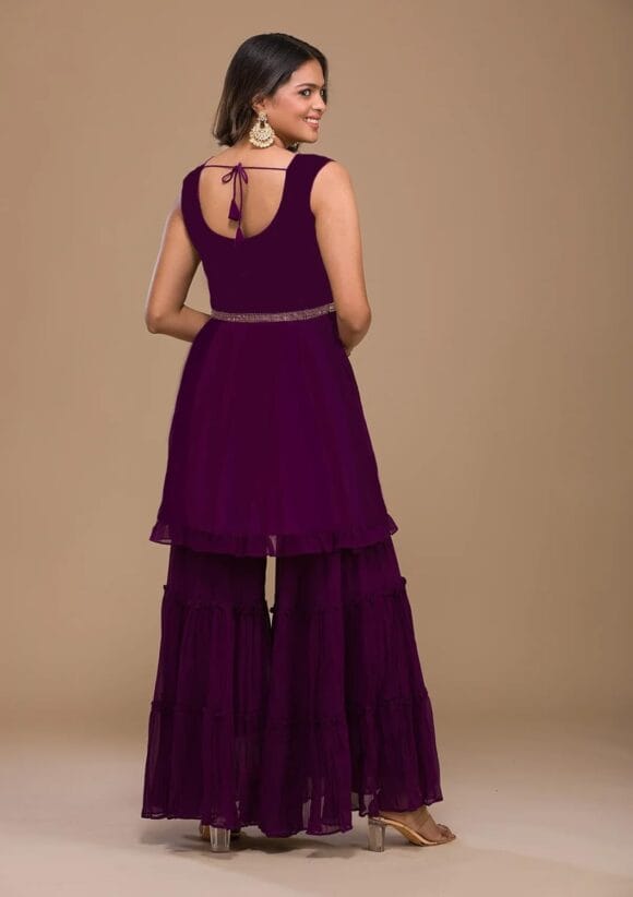 Womens Purple Designer Zariwork Georgette Readymade Sharara Suit - Image 2