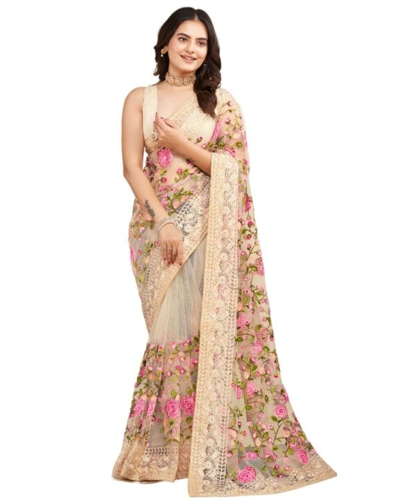 VAIRAGEE Women's Soft Lastest Georgette Embroidery Work Floral Pattern Stylish saree with unstitched blouse piece (6079)