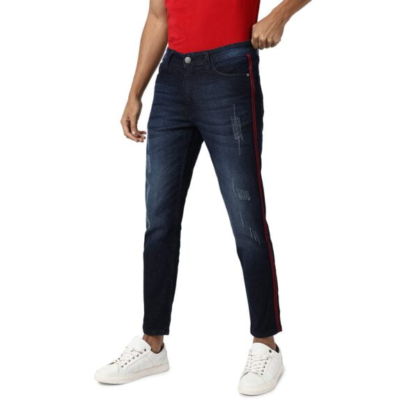 Men's Pencil Side-Striped Denim Jeans for Casual Wear | Dark-Wash | Regular Fit | Button Closure | Cotton Denim Jeans Crafted with Comfort Fit for Everyday Wear