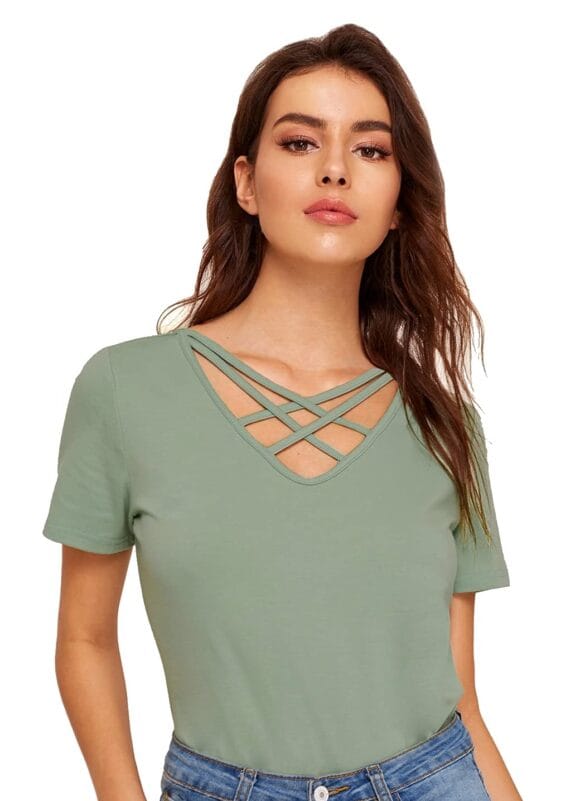 Stylish Mustard Yellow Cross V-Neck Cotton Tshirt for women