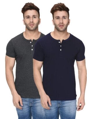 London Hills Men's Regular Fit Henley Neck Tshirt | Cotton Blend Half Sleeve T-Shirt (Pack of 2)