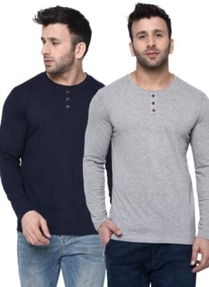 London Hills Men Solid Full Sleeve Cotton Blend Round Neck Regular Fit T-Shirt (Pack Of 2)