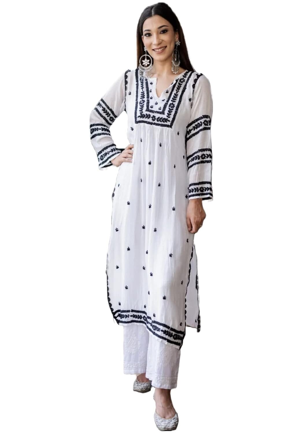 Women's Viscose Cotton Straight Chikankari Embroidered Kurta