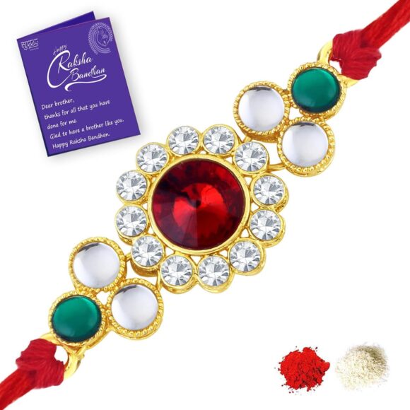 Rakhi Striking Kundan Designer Gold Plated Premium Rakhi for Brother With Roli Chawal & Greeting Card | Rakhi for Bhaiya | Rakhi for MEN | Kundan Rakhi | (RAK73435)