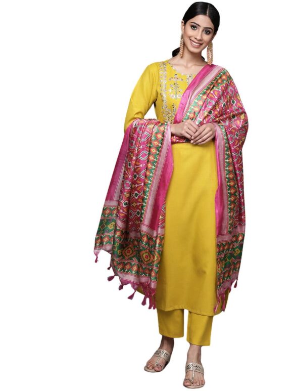 Amayra Women's Embroidered Cotton Straight Kurta with Pant and Dupatta Set