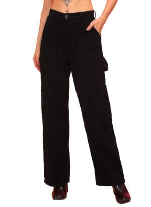 Globus Women Black Straight Fit Cargo Style Jeans with Belt Hoops
