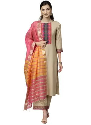 Solid Straight Pure Cotton Kurta with Pant Dupatta Set for Women