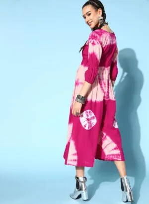 Pink Tye-dye Prints Jumpsuit - Cotton Fabric, 3/4 Sleeves, V-Neck and Calf Length.