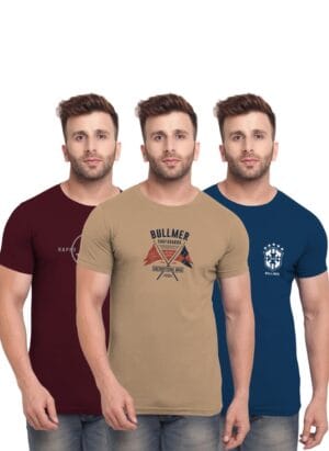 BULLMER Mens Regular Fit Printed Round Neck Cotton Tshirt Pack of 3