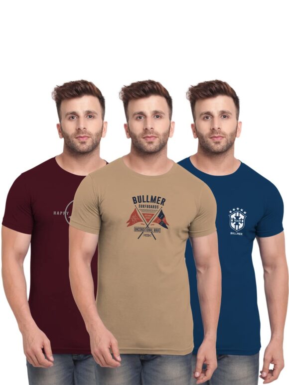 BULLMER Mens Regular Fit Printed Round Neck Cotton Tshirt Pack of 3