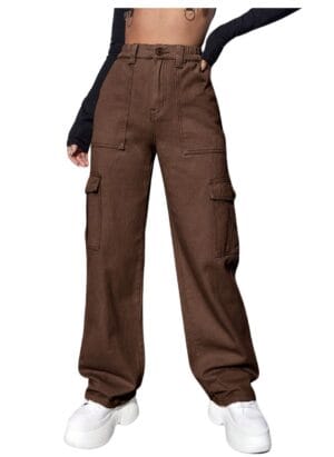 NUCOUTHS New Women Cargo Flap Pocket Denim Stretchable Brown Jeans | Size-32 (6POCKET_Brown_B_32)