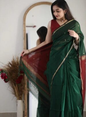 Flosive Women's Mix Color & Golden Kanjivaram Wedding Saree With Blouse (DARK GREEN)
