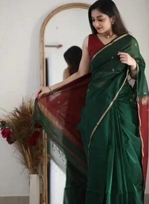 Flosive Women's Mix Color & Golden Kanjivaram Wedding Saree With Blouse (DARK GREEN)