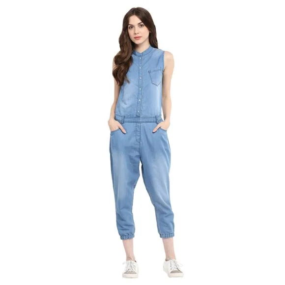 Standard Generic StyleStone (3180MndrnJS)-Women's Denim Mandarin Collar Jumpsuit