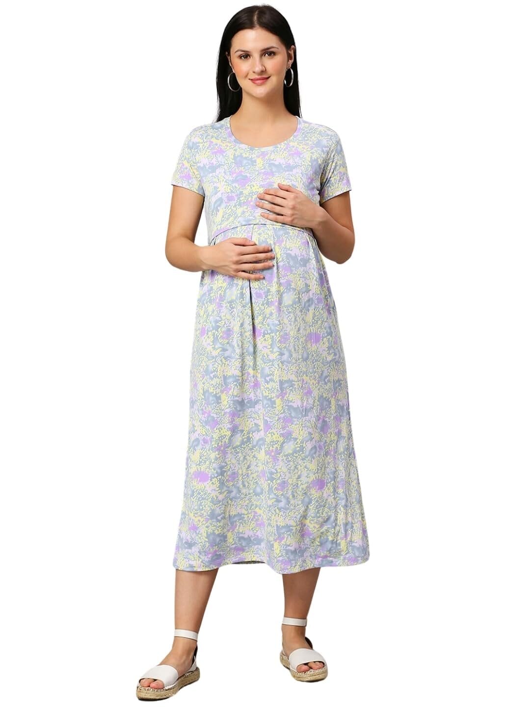 True Shape Zipless Maternity Dress for Women | Knitted Cotton Hosiery Feeding Gown with Easy Discreet Nursing for Pre & Post Partum