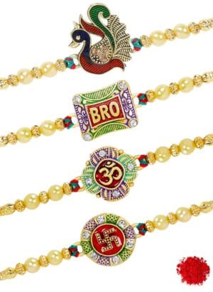 Riddhika Ventures Fabulous Gold Plated Meenakari Rakhi (Set of 4) with Roli Chawal and Greeting Card (P4P5P6P7)