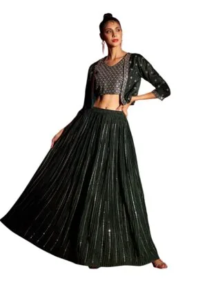 Lehenga And Choli With Short Jacket Readymade Set For Solid With Heavy Sequance Embroidery Work Set(M-2449)