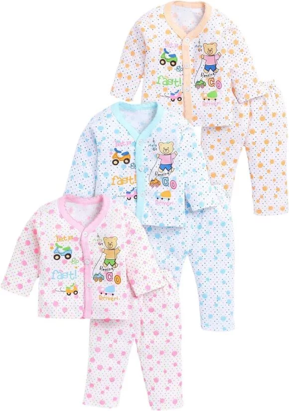 Baby's Boy's Girl's 100% Cotton Vests, Jhabla T-Shirt with Pyjama Pant Dress Set of 3 Full Sleeves Infant Toddler New Born Baby Clothes