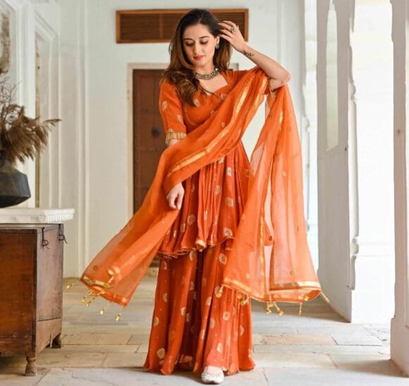 Cotton Blend Gold Printed Kurta Sharara with Chiffon Dupatta Set - Image 2