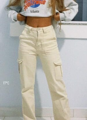 High Waist 6-Pocket Baggy Wide Leg Cargo Denim Jeans for Women