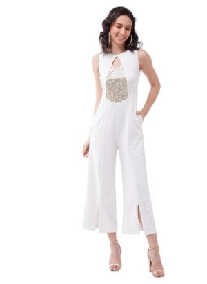 Miss Chase Women's Off White Solid Regular Length V-Neck Sleeveless Wide Leg Embellished Jumpsuit