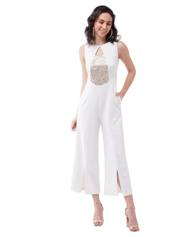 Miss Chase Women's Off White Solid Regular Length V-Neck Sleeveless Wide Leg Embellished Jumpsuit