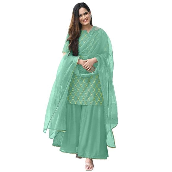 Designer Pure Rayon Women Zari Foil Print Kurta with Sharara & Net Dupatta Set
