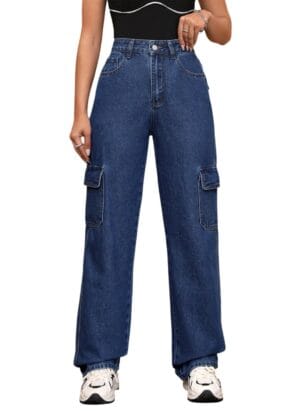 KOTTY Women's Solid High Rise Relaxed Fit Cargo Jeans