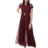 Miss Chase Women's Wine Solid Regular Length Round Neck Short Sleeves Embellished Jumpsuit