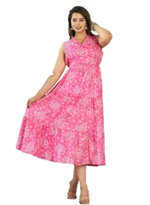 Women flower print Anarkali Maxi gown Dress for Casual one Pics Western Sleeveless V Neck Viscose Rayon, below Knee length Nighty.