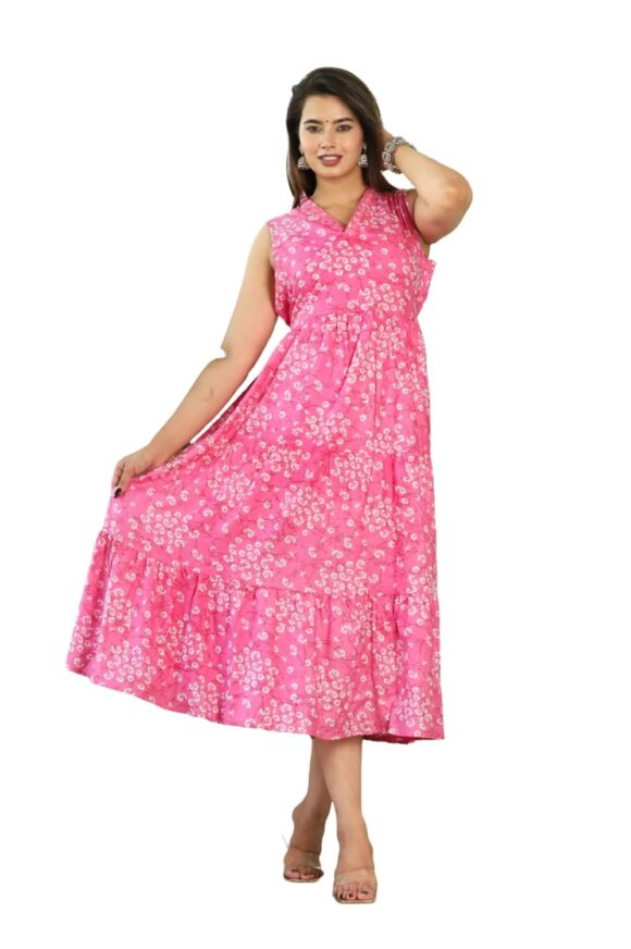 Women flower print Anarkali Maxi gown Dress for Casual one Pics Western Sleeveless V Neck Viscose Rayon, below Knee length Nighty.