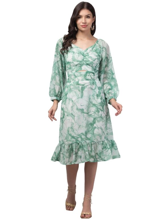 My Swag Women's Georgette V-Neck 3/4 Sleeve Floral Print Fit & Flare Smoking Dress