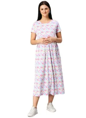 True Shape Zipless Maternity Dress for Women | Knitted Cotton Hosiery Feeding Gown with Easy Discreet Nursing for Pre & Post Partum
